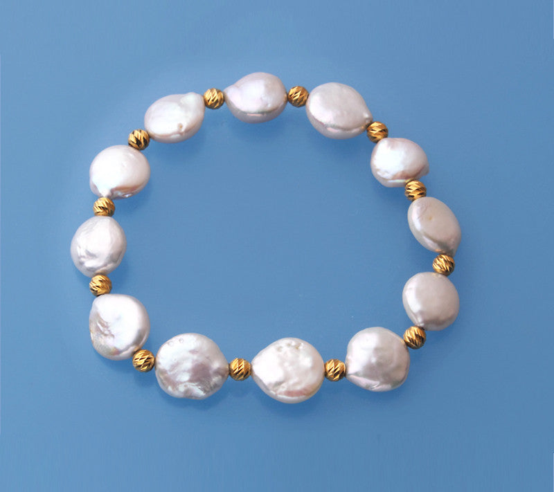 Sterling Silver Bracelet with 11-12mm Coin Shape Freshwater Pearl and Gold Plated Silver Ball - Wing Wo Hing Jewelry Group - Pearl Jewelry Manufacturer