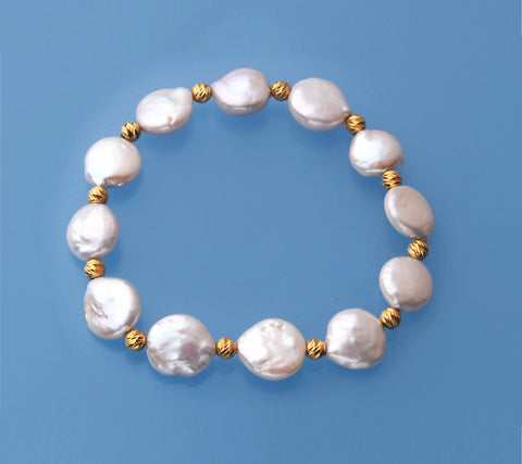 Sterling Silver Bracelet with 11-12mm Coin Shape Freshwater Pearl and Gold Plated Silver Ball