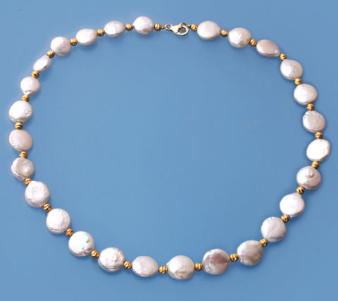 Sterling Silver Necklace with 11-12mm Coin Shape Freshwater Pearl and Gold Plated Silver Ball