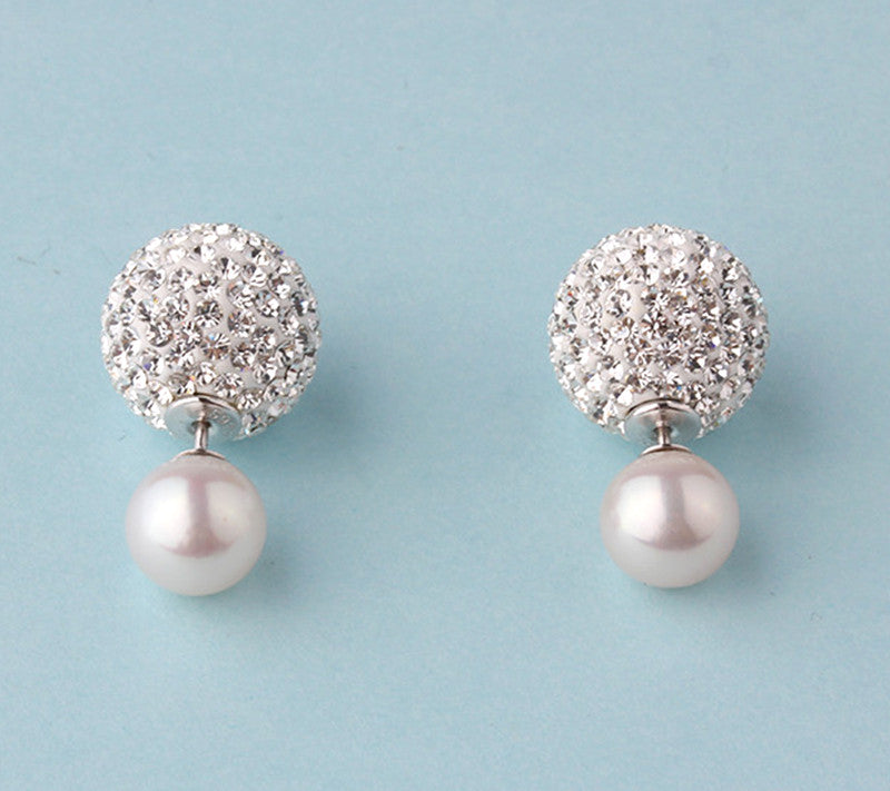 Sterling Silver Earrings with 9-9.5mm Round Shape Freshwater Pearl and Crystal Ball - Wing Wo Hing Jewelry Group - Pearl Jewelry Manufacturer