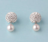 Sterling Silver Earrings with 9-9.5mm Round Shape Freshwater Pearl and Crystal Ball - Wing Wo Hing Jewelry Group - Pearl Jewelry Manufacturer