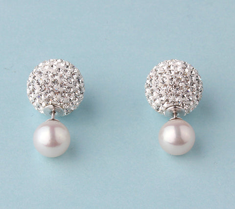 Sterling Silver Earrings with 9-9.5mm Round Shape Freshwater Pearl and Crystal Ball