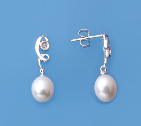 Sterling Silver Earrings with 7.5-8mm Oval Shape Freshwater Pearl and Cubic Zirconia