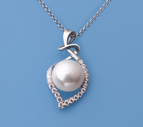 Sterling Silver Pendant with 10.5-11mm Button Shape Freshwater Pearl and Cubic Zirconia