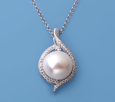 Sterling Silver Pendant with 11-11.5mm Button Shape Freshwater Pearl and Cubic Zirconia