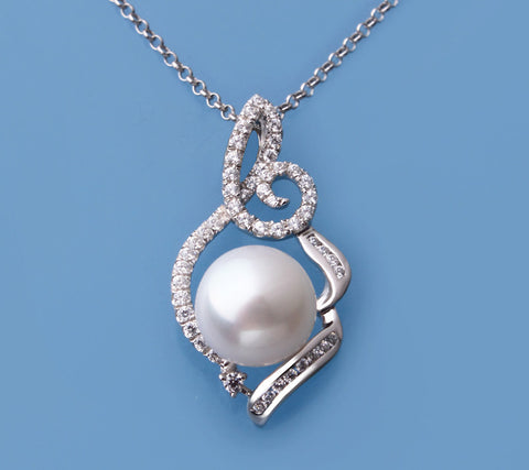 Sterling Silver Pendant with 10-10.5mm Button Shape Freshwater Pearl and Cubic Zirconia