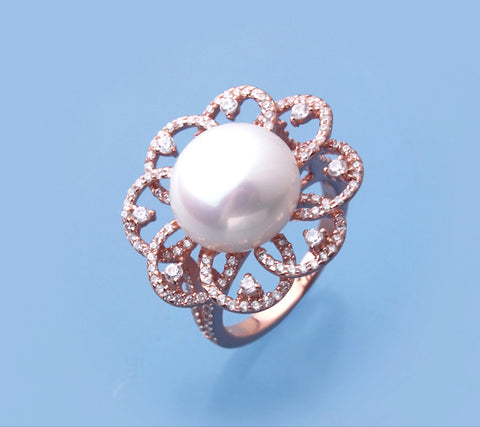Rose Gold Plated Silver Ring with 12-12.5mm Button Shape Freshwater Pearl and Cubic Zirconia