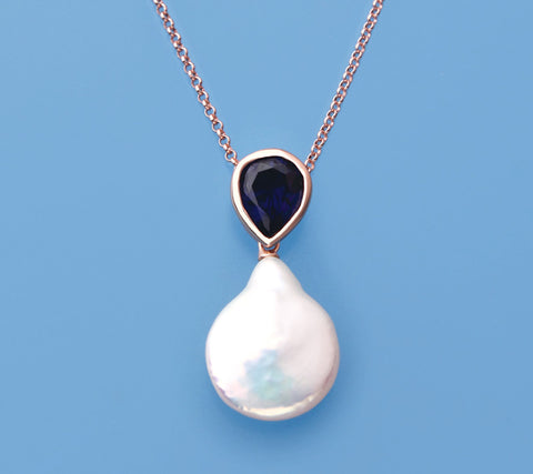 Rose Gold Plated Silver Pendant with 13-14mm Button Shape Freshwater Pearl and Cubic Zirconia