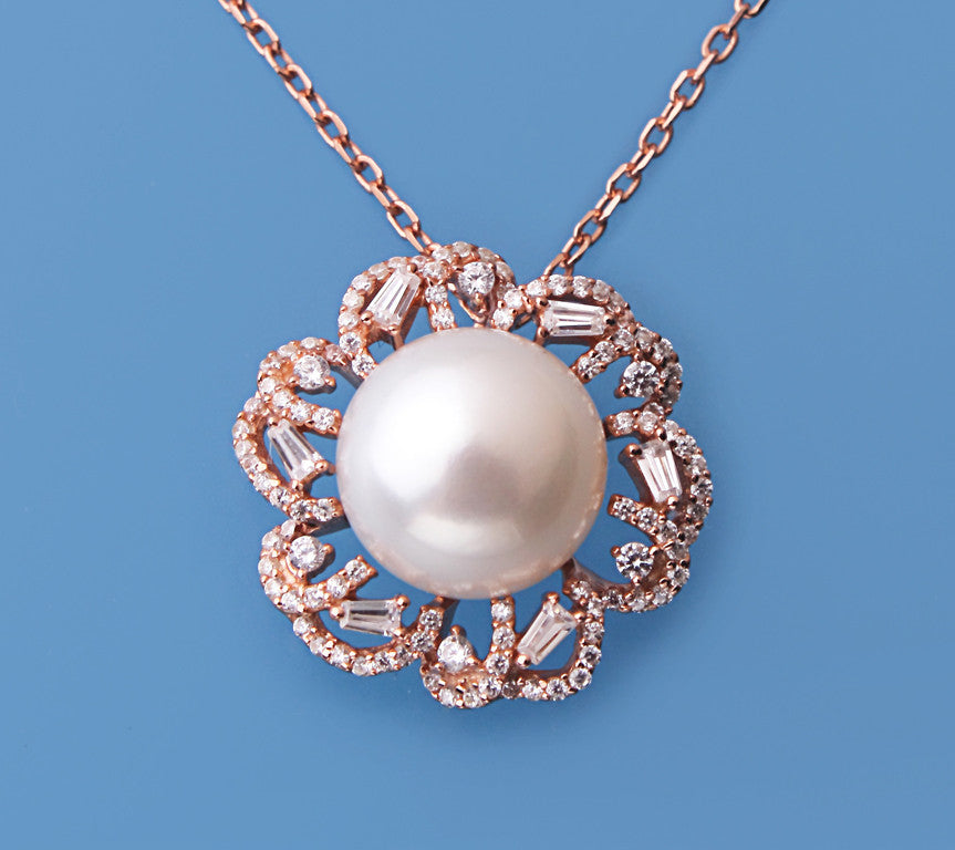 Rose Gold Plated Silver Pendant with 13-13.5mm Button Shape Freshwater Pearl and Cubic Zirconia - Wing Wo Hing Jewelry Group - Pearl Jewelry Manufacturer