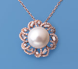 Rose Gold Plated Silver Pendant with 13-13.5mm Button Shape Freshwater Pearl and Cubic Zirconia - Wing Wo Hing Jewelry Group - Pearl Jewelry Manufacturer
