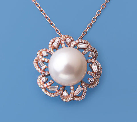 Rose Gold Plated Silver Pendant with 13-13.5mm Button Shape Freshwater Pearl and Cubic Zirconia