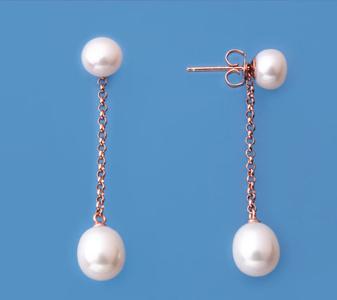 Rose Gold Plated Silver Earrings with Drop and Button Shape Freshwater Pearl