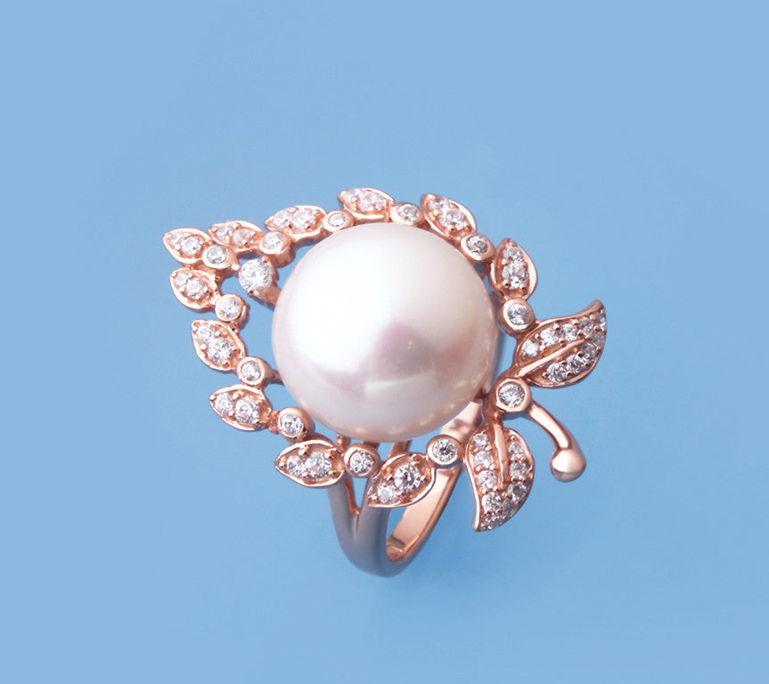 Rose Gold Plated Silver Rings with 13-13.5mm Button Shape Freshwater Pearl and Cubic Zirconia - Wing Wo Hing Jewelry Group - Pearl Jewelry Manufacturer