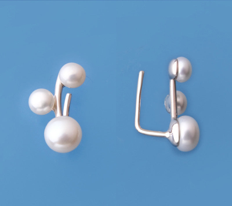 Sterling Silver Earrings Climber with 4-6mm Button Shape Freshwater Pearl - Wing Wo Hing Jewelry Group - Pearl Jewelry Manufacturer