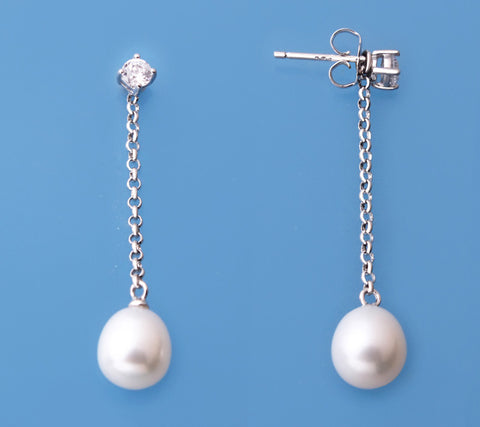 Sterling Silver Earrings with 8-8.5mm Drop Shape Freshwater Pearl and Cubic Zirconia