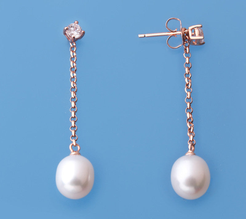 Rose Gold Plated Silver Earrings with 8-8.5mm Drop Shape Freshwater Pearl and Cubic Zirconia - Wing Wo Hing Jewelry Group - Pearl Jewelry Manufacturer