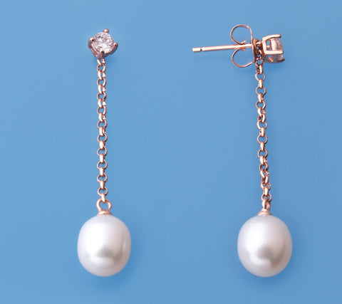 Rose Gold Plated Silver Earrings with 8-8.5mm Drop Shape Freshwater Pearl and Cubic Zirconia