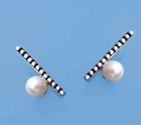 White and Black Plated Silver Earrings with 5.5-6mm Round Shape Freshwater Pearl