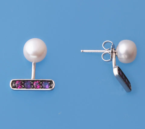 Sterling Silver Earrings with 7-7.5mm Button Shape Freshwater Pearl, Amethyst and Rhodolite Garnet