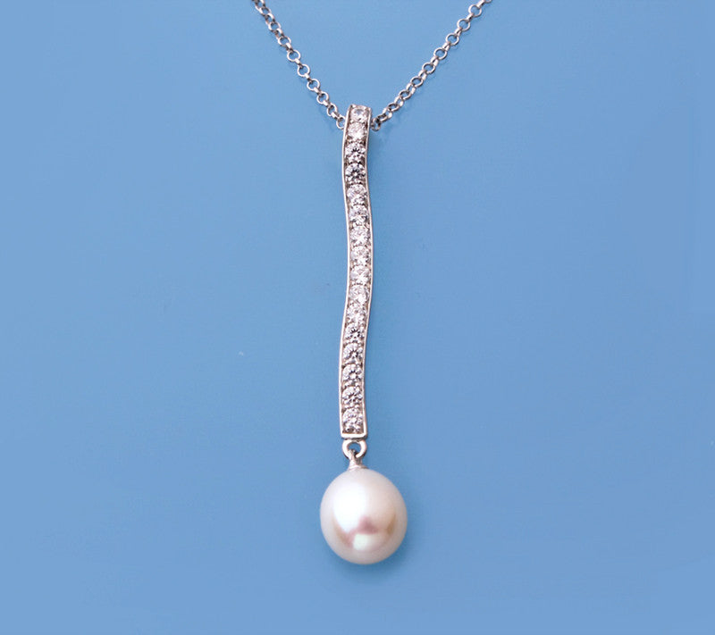 Sterling Silver Pendant with 8-8.5mm Drop Shape Freshwater Pearl and Cubic Zirconia - Wing Wo Hing Jewelry Group - Pearl Jewelry Manufacturer