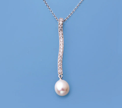 Sterling Silver Pendant with 8-8.5mm Drop Shape Freshwater Pearl and Cubic Zirconia