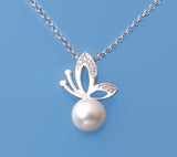Sterling Silver Pendant with 7-7.5mm Button Shape Freshwater Pearl and Cubic Zirconia - Wing Wo Hing Jewelry Group - Pearl Jewelry Manufacturer