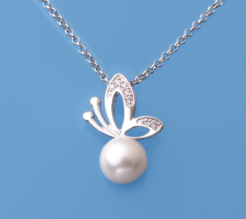 Sterling Silver Pendant with 7-7.5mm Button Shape Freshwater Pearl and Cubic Zirconia