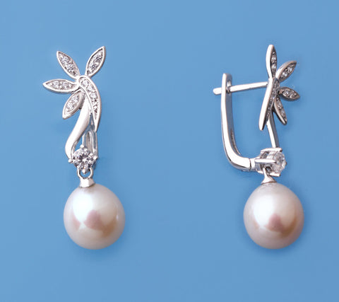 Sterling Silver Earrings with 8.5-9mm Drop Shape Freshwater Pearl and Cubic Zirconia