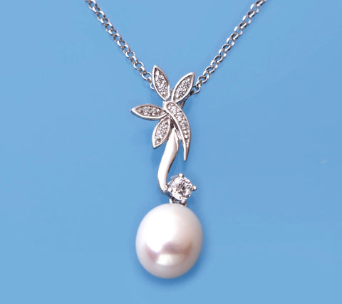 Sterling Silver Pendant with 8-8.5mm Button Shape Freshwater Pearl and Cubic Zirconia
