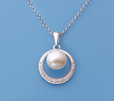 Sterling Silver Pendant with 8-8.5mm Button Shape Freshwater Pearl and Cubic Zirconia - Wing Wo Hing Jewelry Group - Pearl Jewelry Manufacturer