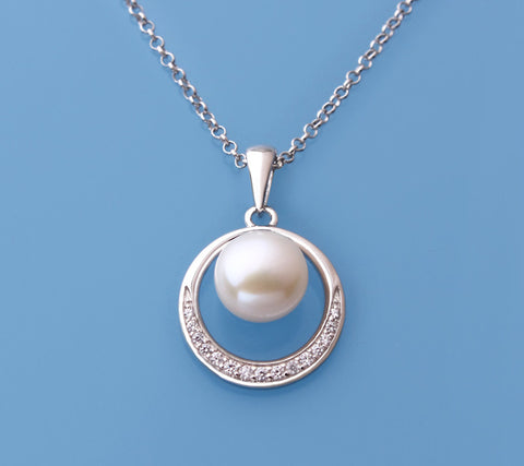 Sterling Silver Pendant with 8-8.5mm Button Shape Freshwater Pearl and Cubic Zirconia