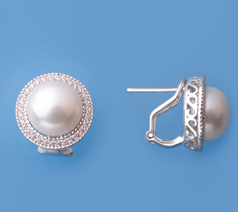 Sterling Silver Earrings with 10-10.5mm Button Shape Freshwater Pearl and Cubic Zirconia