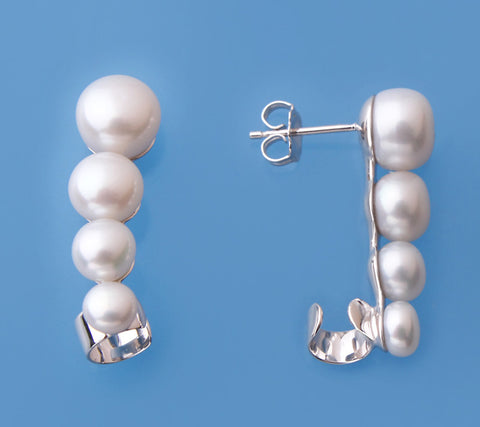 Sterling Silver Earrings with 5-8.5mm Button Shape Freshwater Pearl