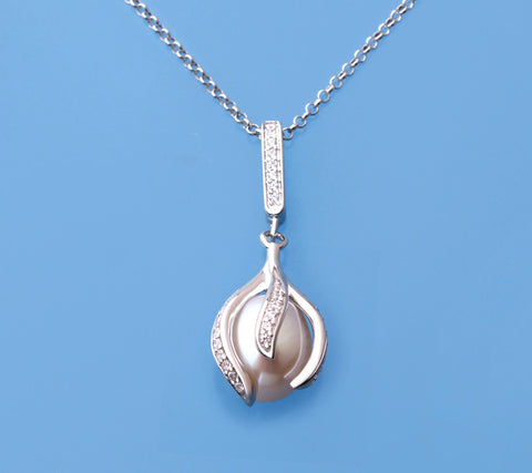 Sterling Silver Pendant with 8.5-9mm Drop Shape Freshwater Pearl and Cubic Zirconia