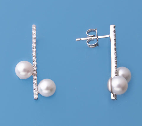 Sterling Silver Earrings with 5.5-6mm Round Shape Freshwater Pearl and Cubic Zirconia