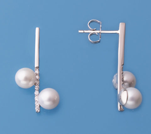 Sterling Silver Earrings with 5.5-6mm Round Shape Freshwater Pearl and Cubic Zirconia