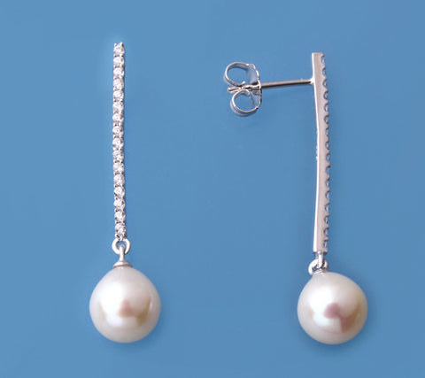 Sterling Silver Earrings with 8-8.5mm Drop Shape Freshwater Pearl and Cubic Zirconia