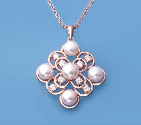 Rose Gold Plated Silver Pendant with Button Shape Freshwater Pearl and Cubic Zirconia