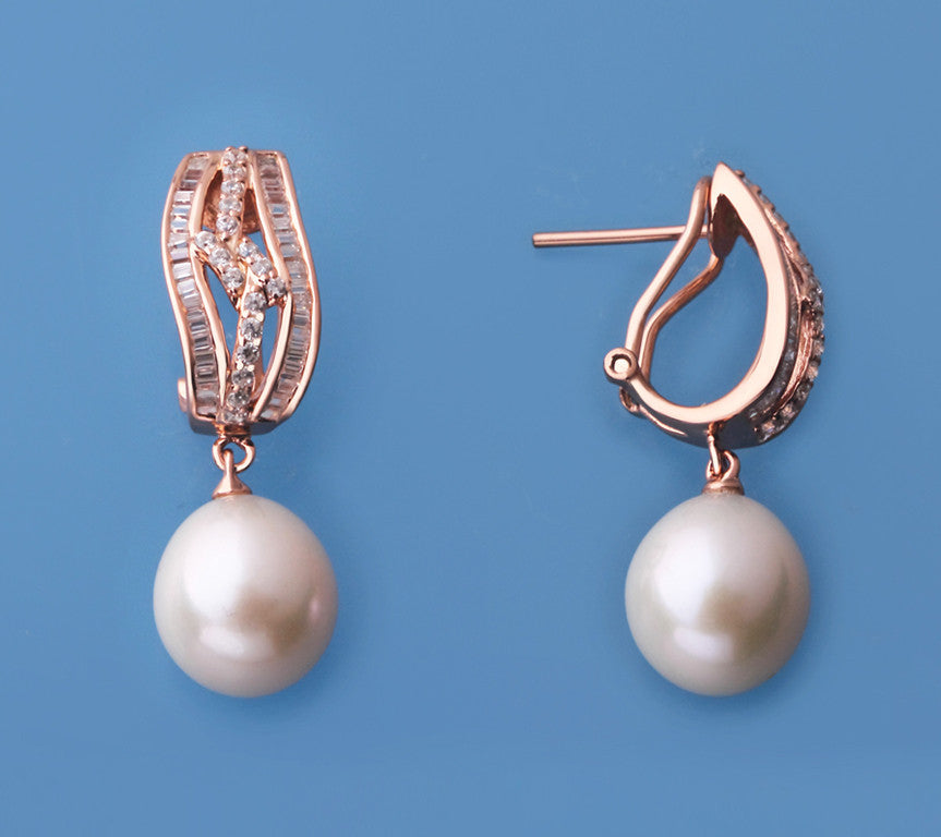 Rose Gold Plated Silver Earrings with 10.5-11mm Drop Shape Freshwater Pearl and Cubic Zirconia - Wing Wo Hing Jewelry Group - Pearl Jewelry Manufacturer
