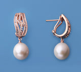 Rose Gold Plated Silver Earrings with 10.5-11mm Drop Shape Freshwater Pearl and Cubic Zirconia - Wing Wo Hing Jewelry Group - Pearl Jewelry Manufacturer