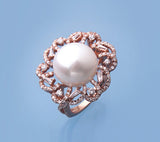 Rose Gold Plated Silver Ring with 12.5-13mm Button Shape Freshwater Pearl and Cubic Zirconia - Wing Wo Hing Jewelry Group - Pearl Jewelry Manufacturer