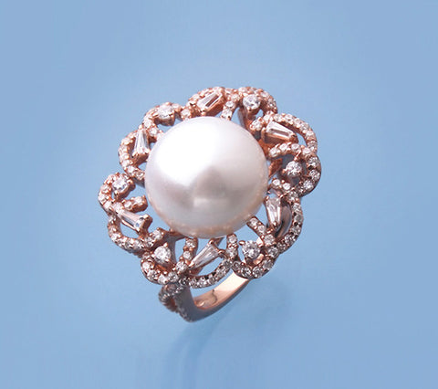 Rose Gold Plated Silver Ring with 12.5-13mm Button Shape Freshwater Pearl and Cubic Zirconia