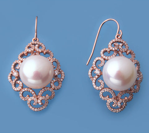 Rose Gold Plated Silver Earrings with 12.5-13mm Button Shape Freshwater Pearl and Cubic Zirconia