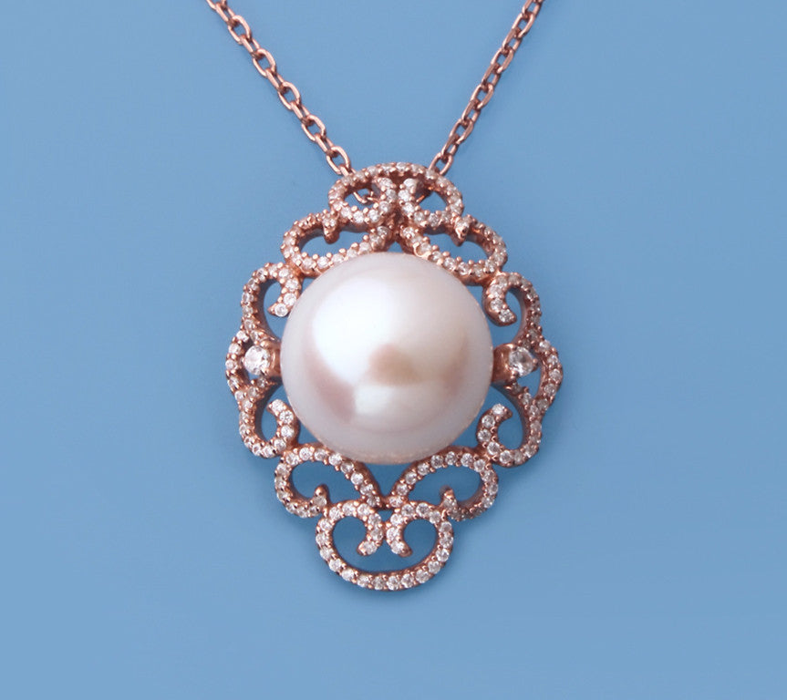 Rose Gold Plated Silver Pendant with 14-14.5mm Button Shape Freshwater Pearl and Cubic Zirconia - Wing Wo Hing Jewelry Group - Pearl Jewelry Manufacturer