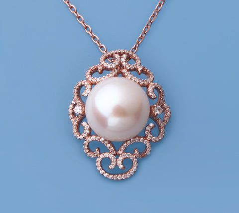 Rose Gold Plated Silver Pendant with 14-14.5mm Button Shape Freshwater Pearl and Cubic Zirconia