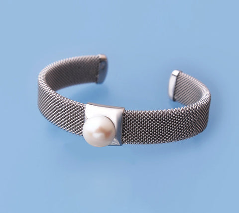 Sterling Silver Bangle with 11-11.5mm Button Shape Freshwater Pearl