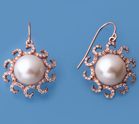 Rose Gold Plated Silver Earrings with 10.5-11mm Button Shape Freshwater Pearl and Cubic Zirconia