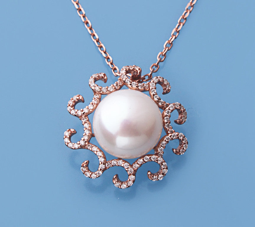 Rose Gold Plated Silver Pendant with 12.5-13mm Button Shape Freshwater Pearl and Cubic Zirconia - Wing Wo Hing Jewelry Group - Pearl Jewelry Manufacturer