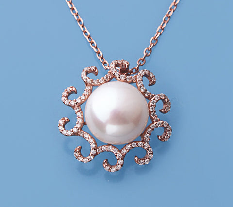 Rose Gold Plated Silver Pendant with 12.5-13mm Button Shape Freshwater Pearl and Cubic Zirconia