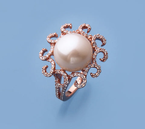 Rose Gold Plated Silver Ring with 11.5-12mm Button Shape Freshwater Pearl and Cubic Zirconia